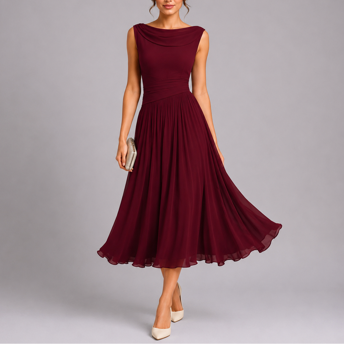 Midi Dress for Women Draped Neckline Pleated Skirt