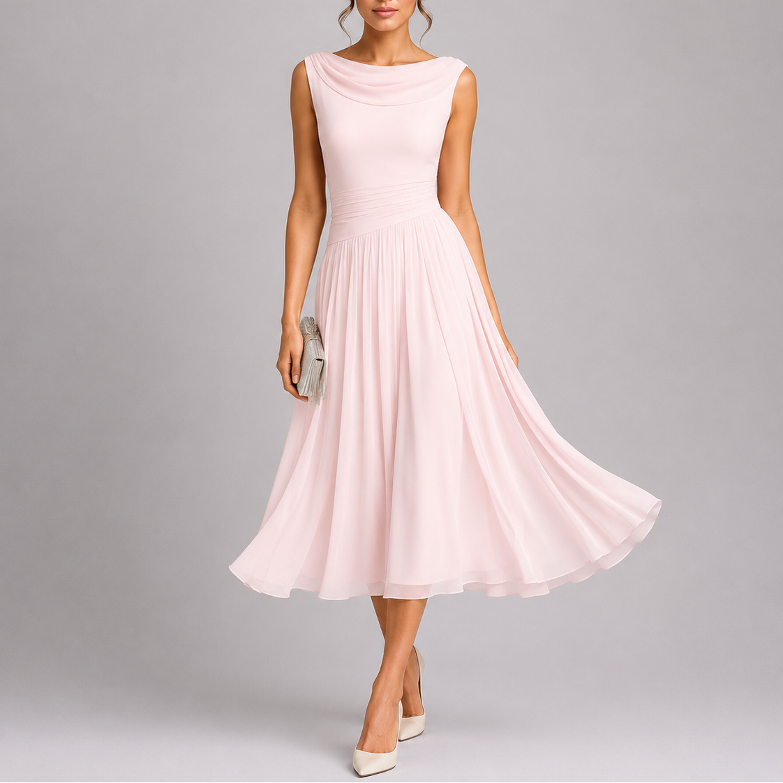 Midi Dress for Women Draped Neckline Pleated Skirt