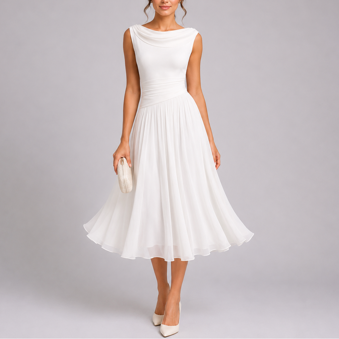 Midi Dress for Women Draped Neckline Pleated Skirt