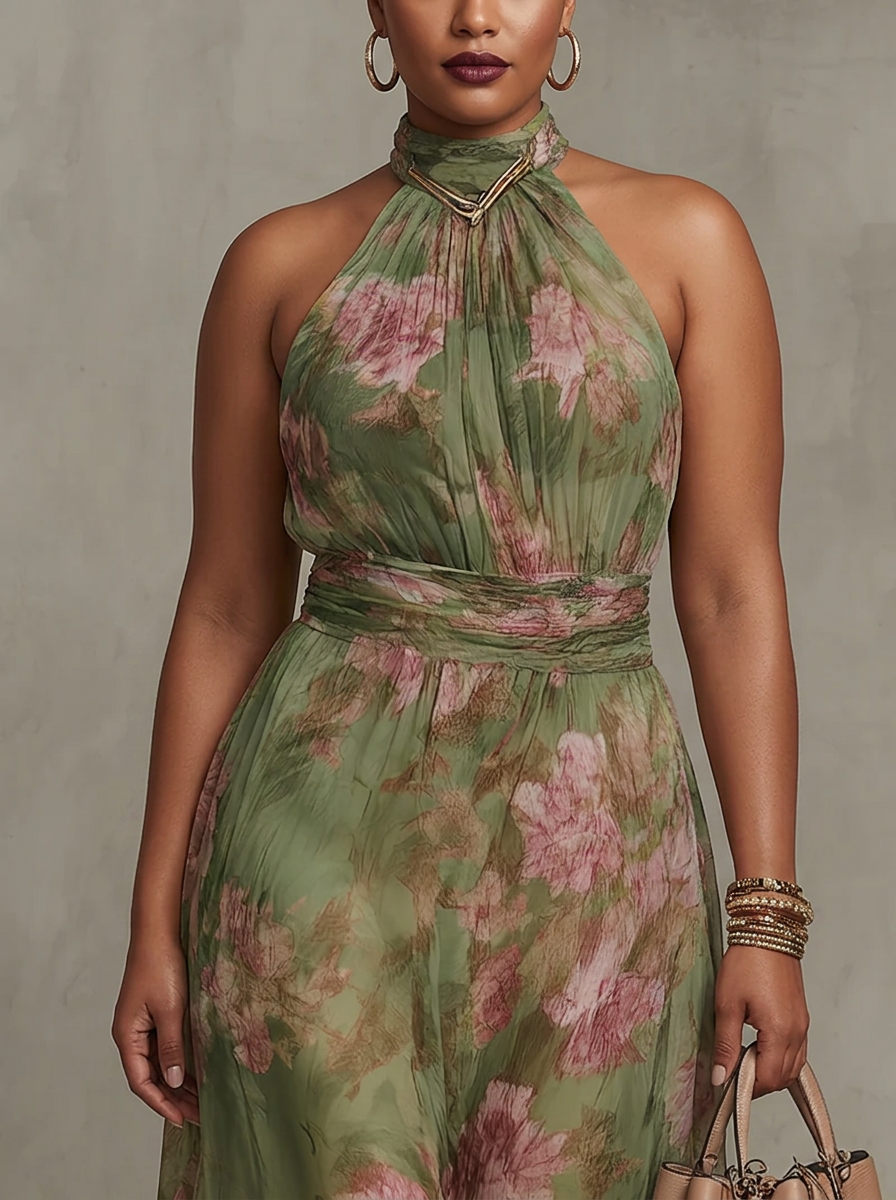 Floral Halter Maxi Dress for Women Breathable Chiffon
