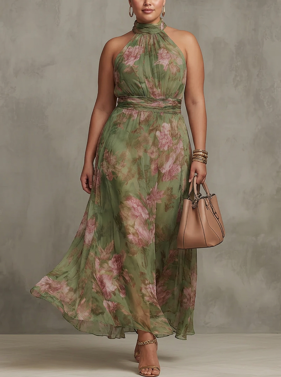 Floral Halter Maxi Dress for Women Breathable Chiffon
