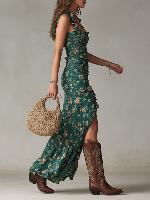 Dress for Women Smocked Bodice Ruffled Straps High Slit