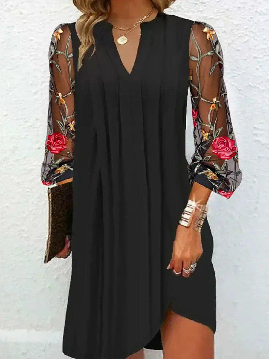 Black Dress Women V-Neck Embroidered Sleeve Elegant