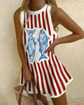 Dress for Women Striped Fish Print Sleeveless Mini
