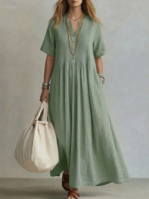 Dress for Women Linen Maxi V-Neck Pockets