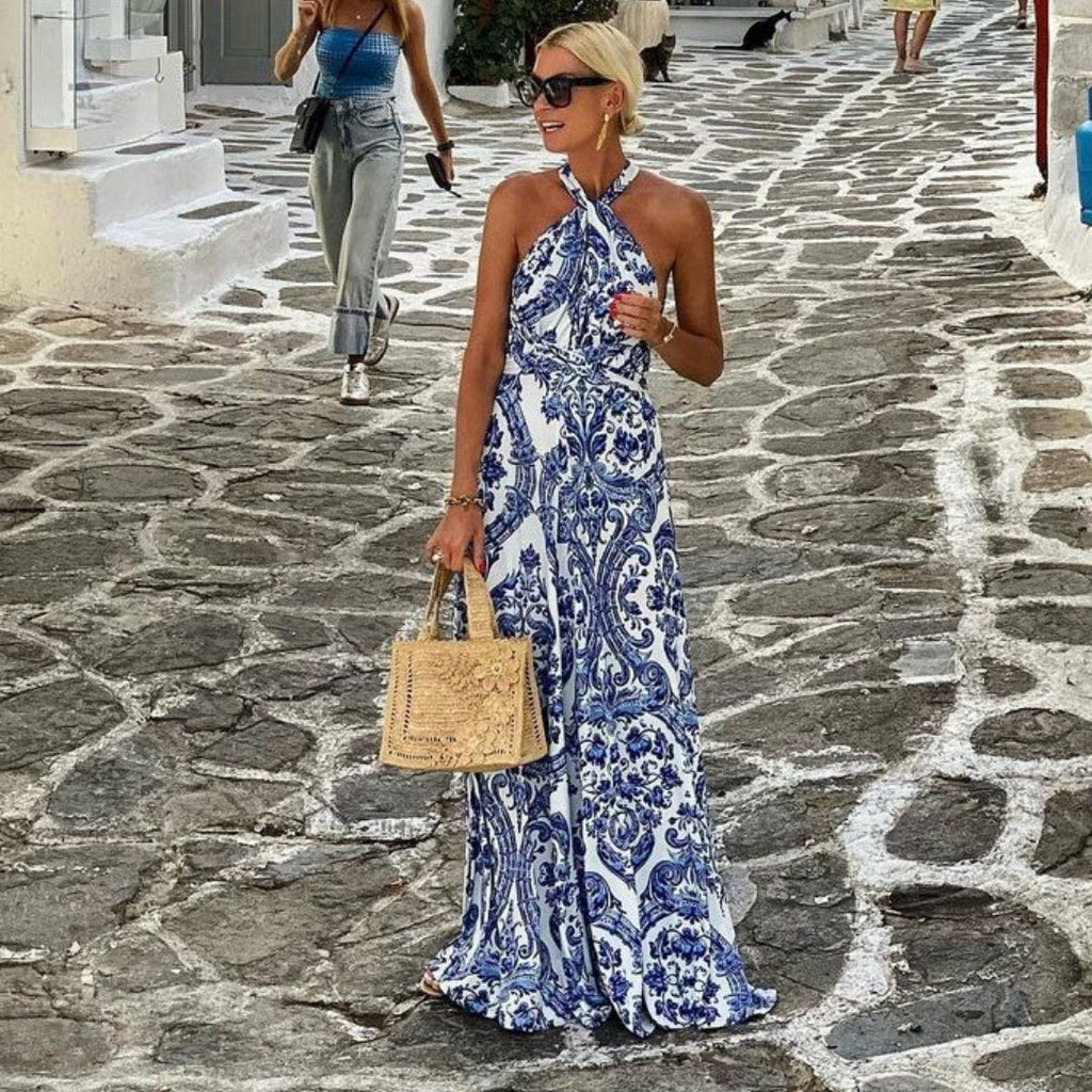 Women's Halter Maxi Dress A-Line Blue Print