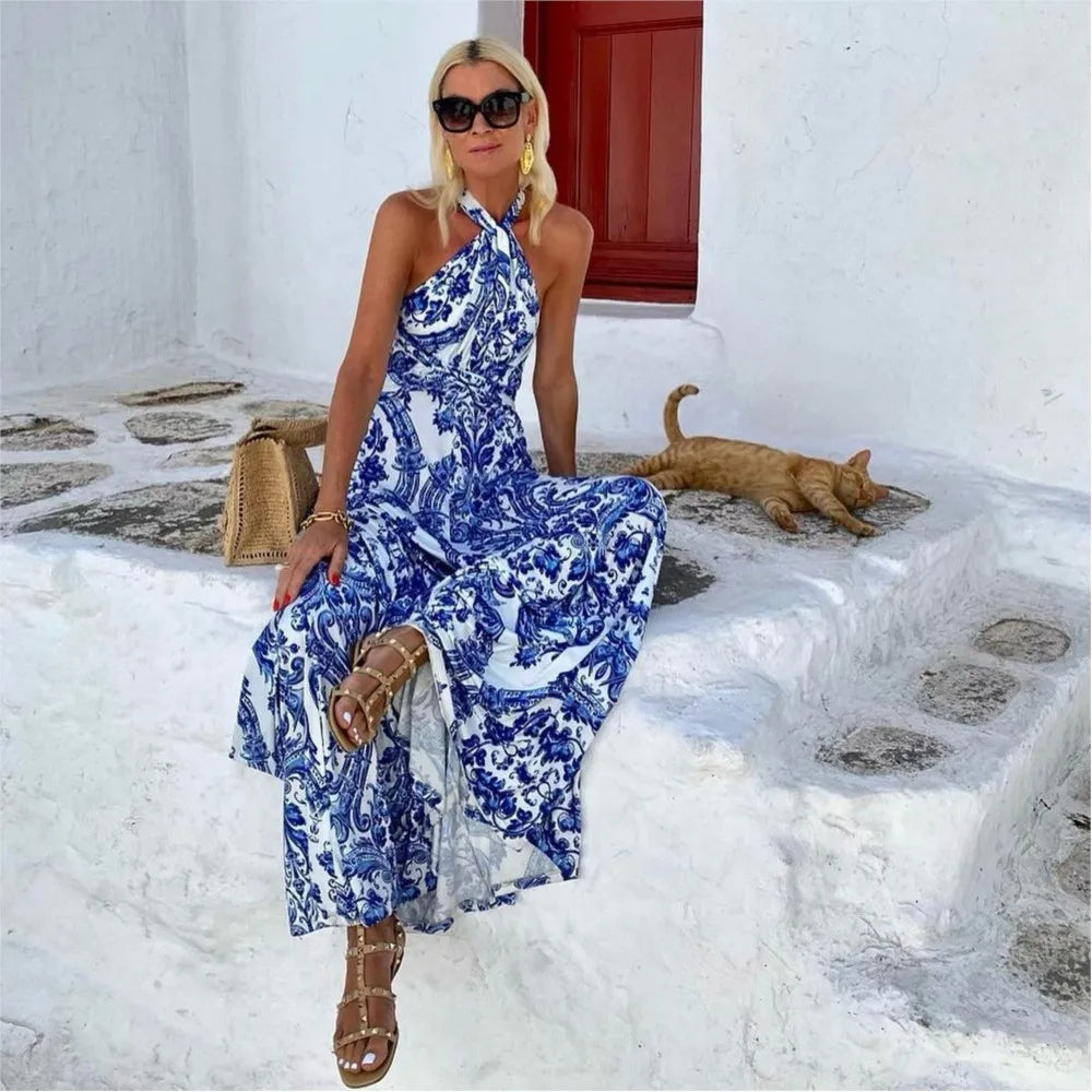 Women's Halter Maxi Dress A-Line Blue Print