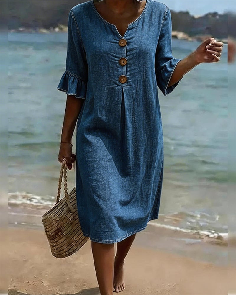 Women's Denim Midi Dress V-Neck Ruffle Sleeve Casual