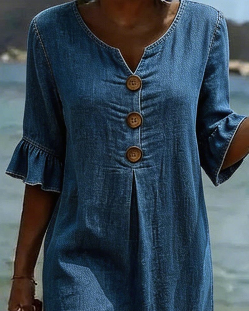 Women's Denim Midi Dress V-Neck Ruffle Sleeve Casual