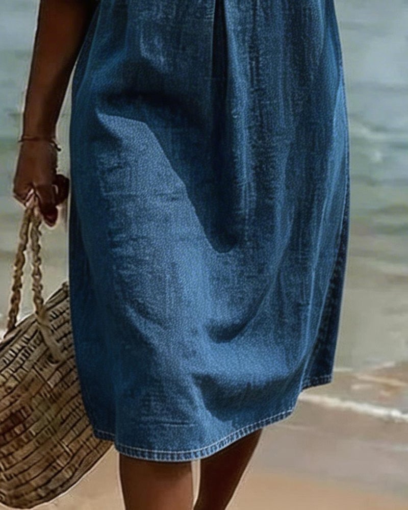 Women's Denim Midi Dress V-Neck Ruffle Sleeve Casual