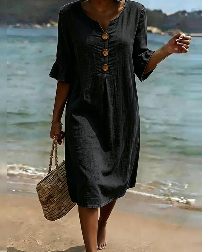 Women's Denim Midi Dress V-Neck Ruffle Sleeve Casual
