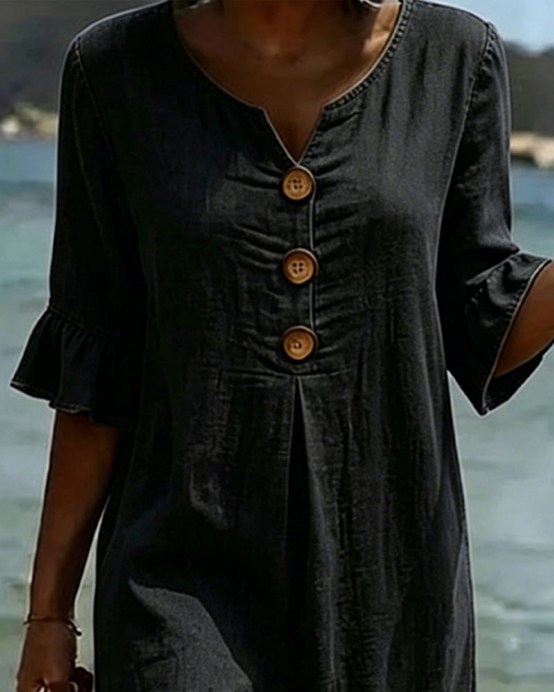 Women's Denim Midi Dress V-Neck Ruffle Sleeve Casual