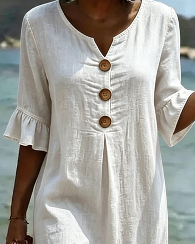 Women's Denim Midi Dress V-Neck Ruffle Sleeve Casual
