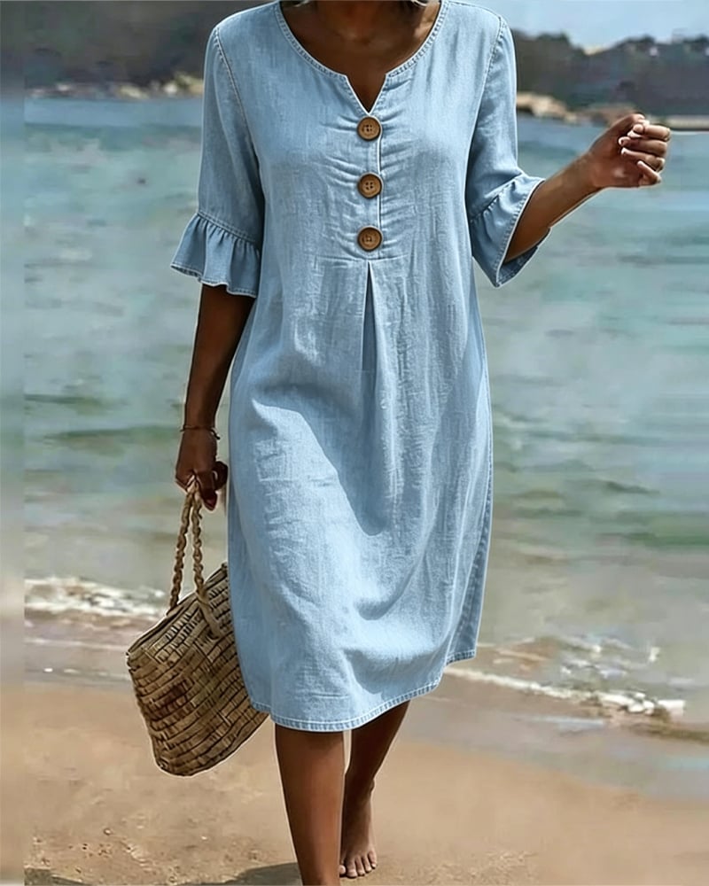 Women's Denim Midi Dress V-Neck Ruffle Sleeve Casual