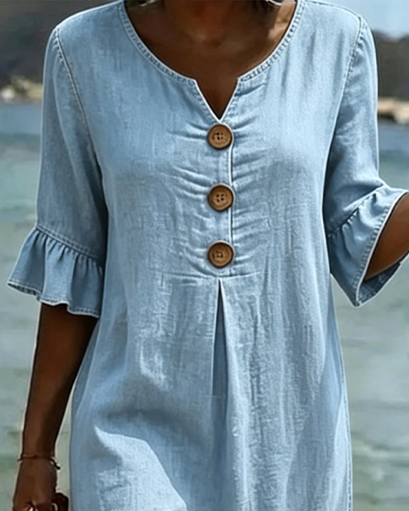 Women's Denim Midi Dress V-Neck Ruffle Sleeve Casual
