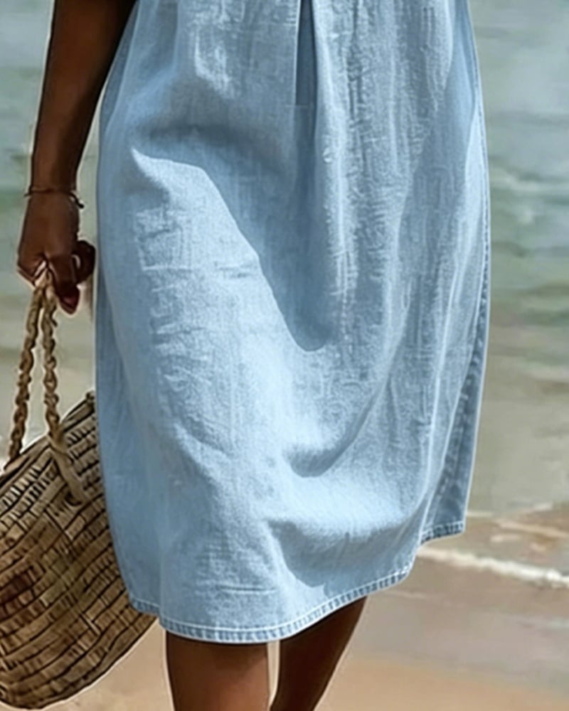 Women's Denim Midi Dress V-Neck Ruffle Sleeve Casual
