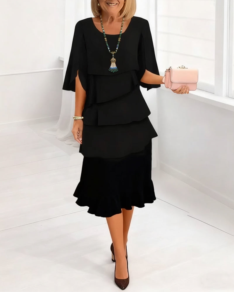 Midi Dress Women Tiered Ruffle Hem Split Sleeves
