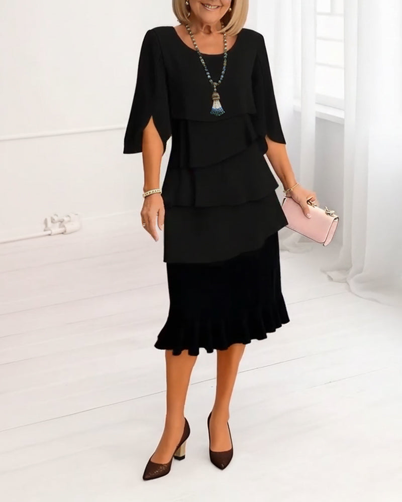 Midi Dress Women Tiered Ruffle Hem Split Sleeves