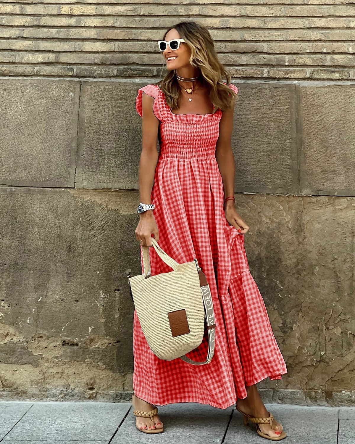 Women's Gingham Maxi Dress with Smocked Bodice