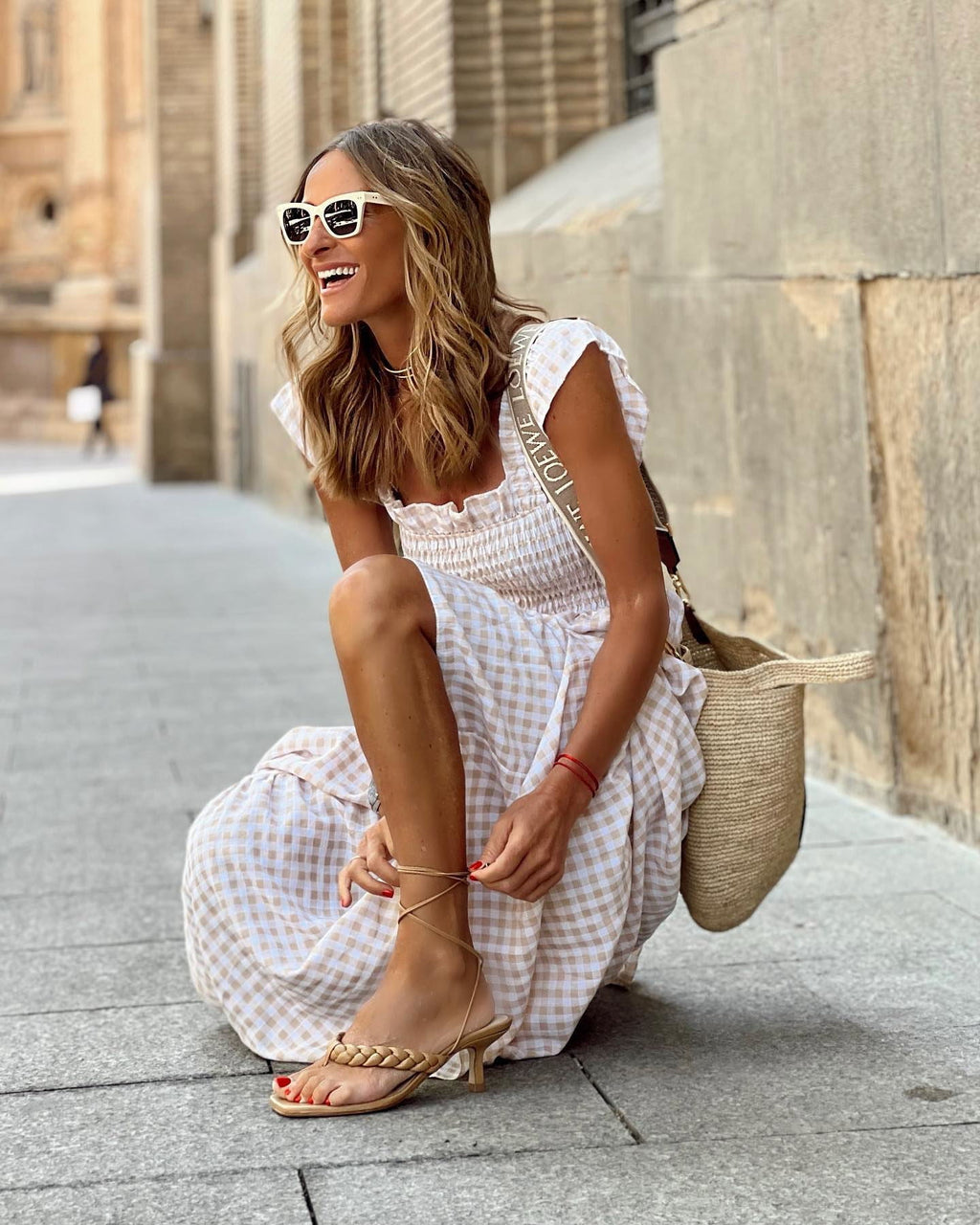 Women's Gingham Maxi Dress with Smocked Bodice