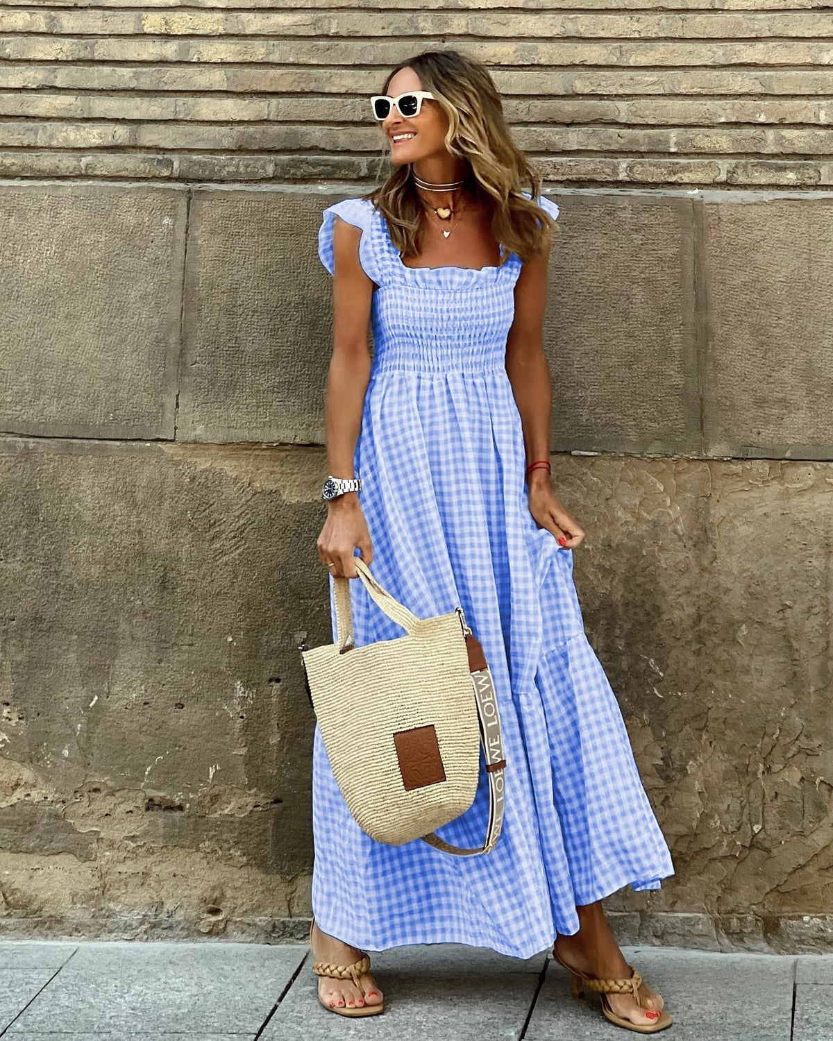 Women's Gingham Maxi Dress with Smocked Bodice