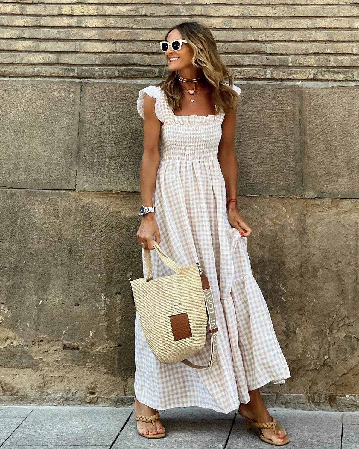 Women's Gingham Maxi Dress with Smocked Bodice