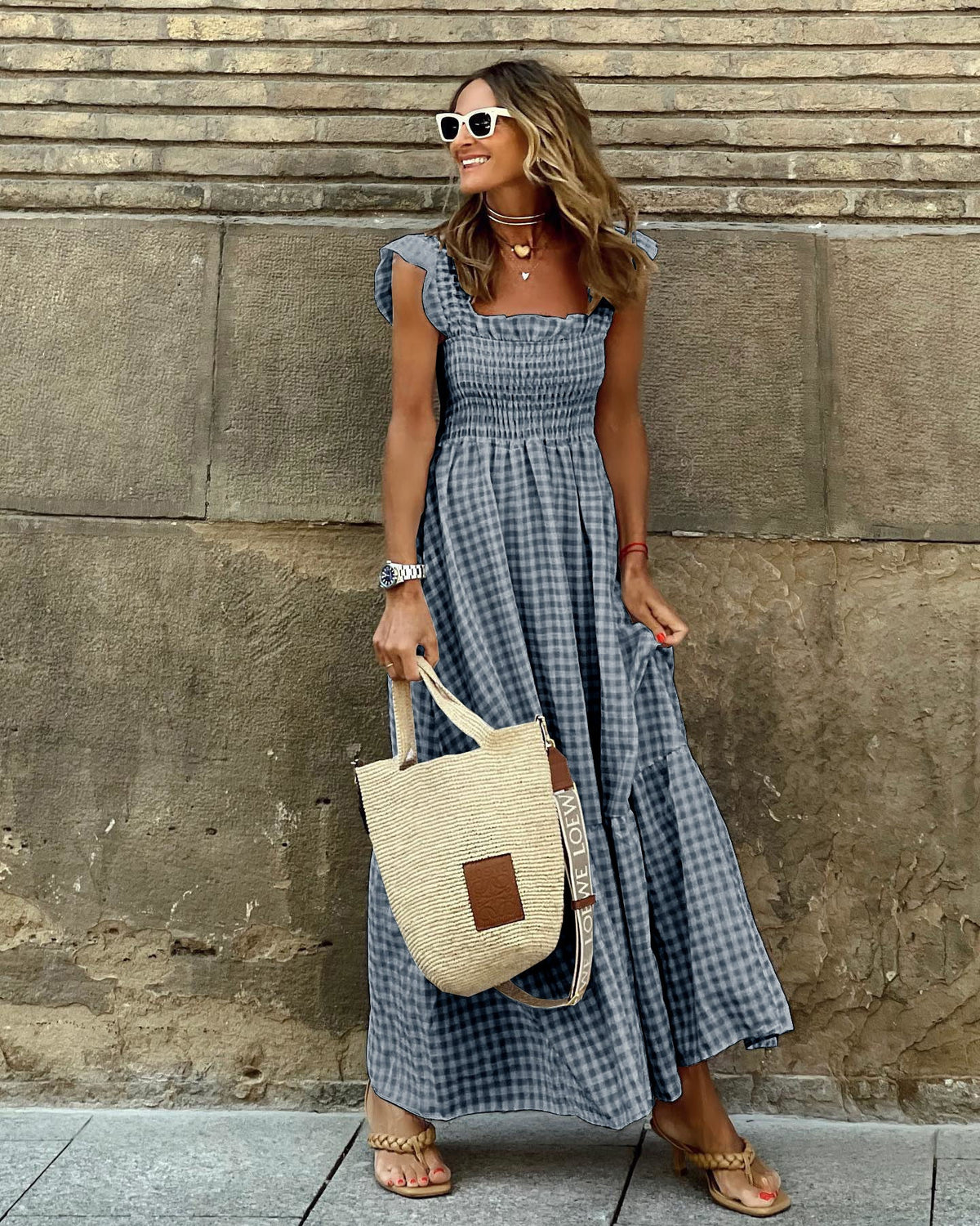 Women's Gingham Maxi Dress with Smocked Bodice