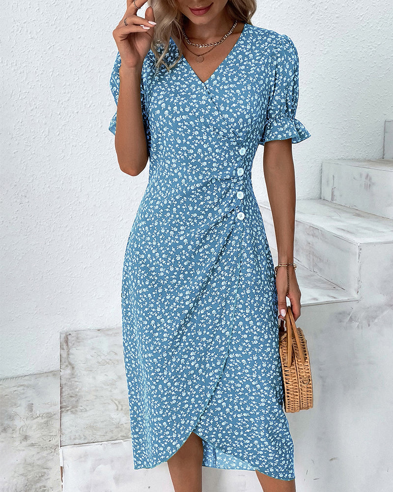 Women's Floral Wrap Midi Dress with Puff Sleeves