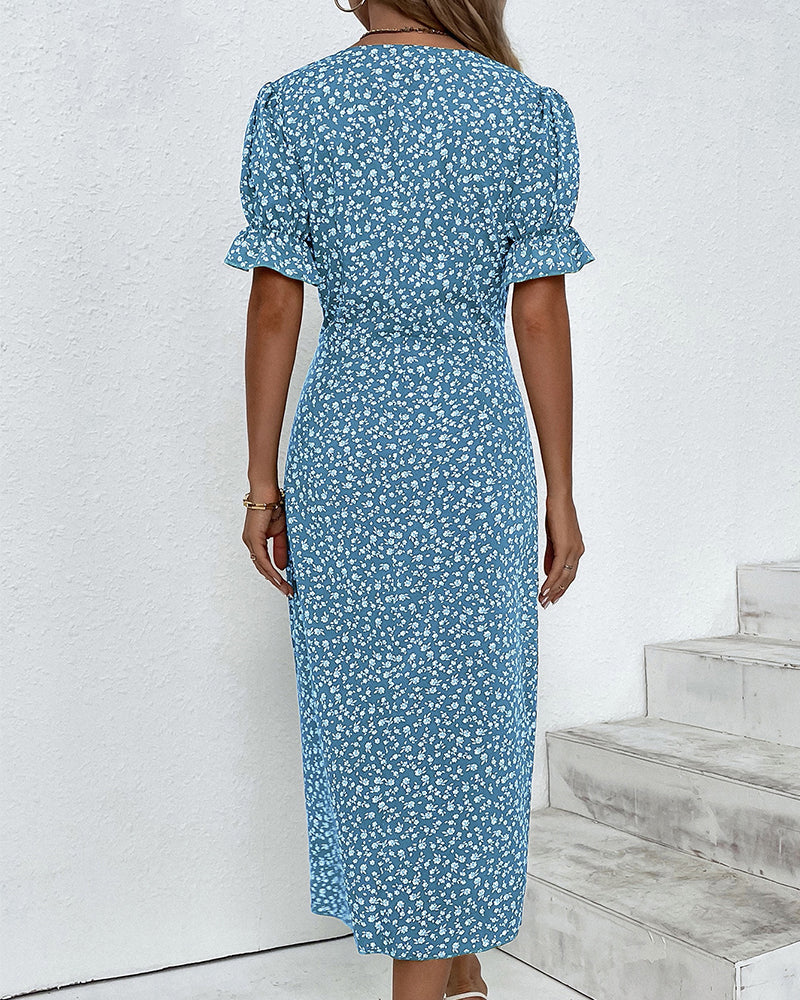 Women's Floral Wrap Midi Dress with Puff Sleeves