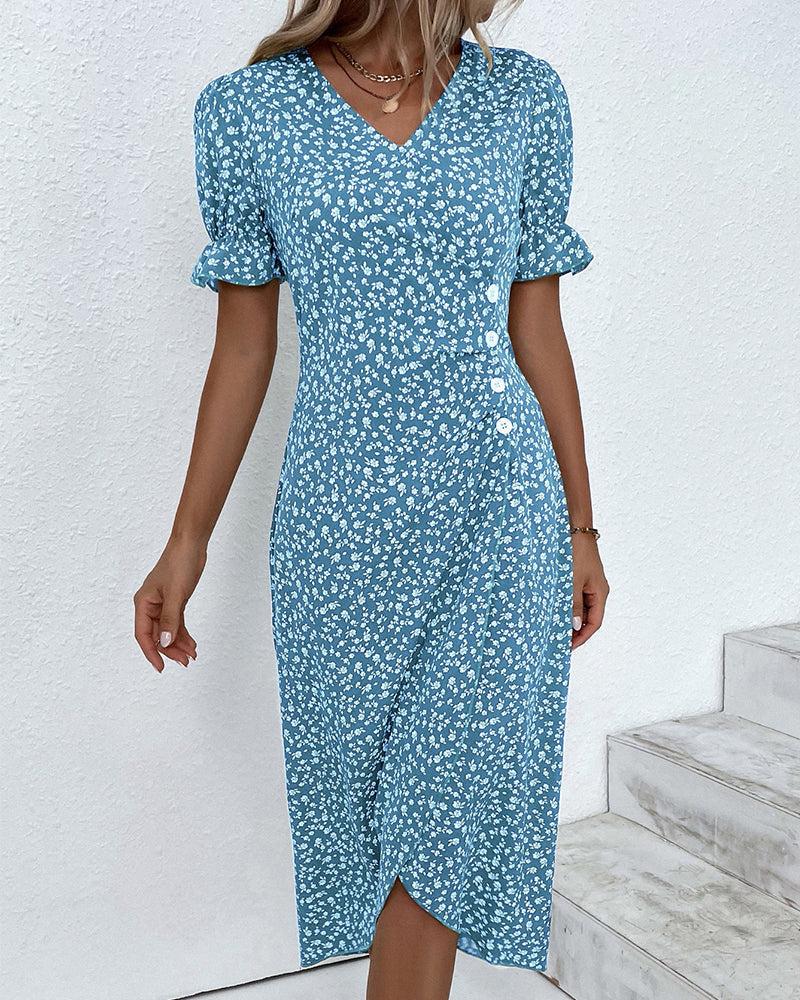 Women's Floral Wrap Midi Dress with Puff Sleeves