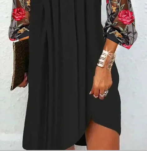Black Dress Women V-Neck Embroidered Sleeve Elegant