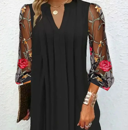 Black Dress Women V-Neck Embroidered Sleeve Elegant