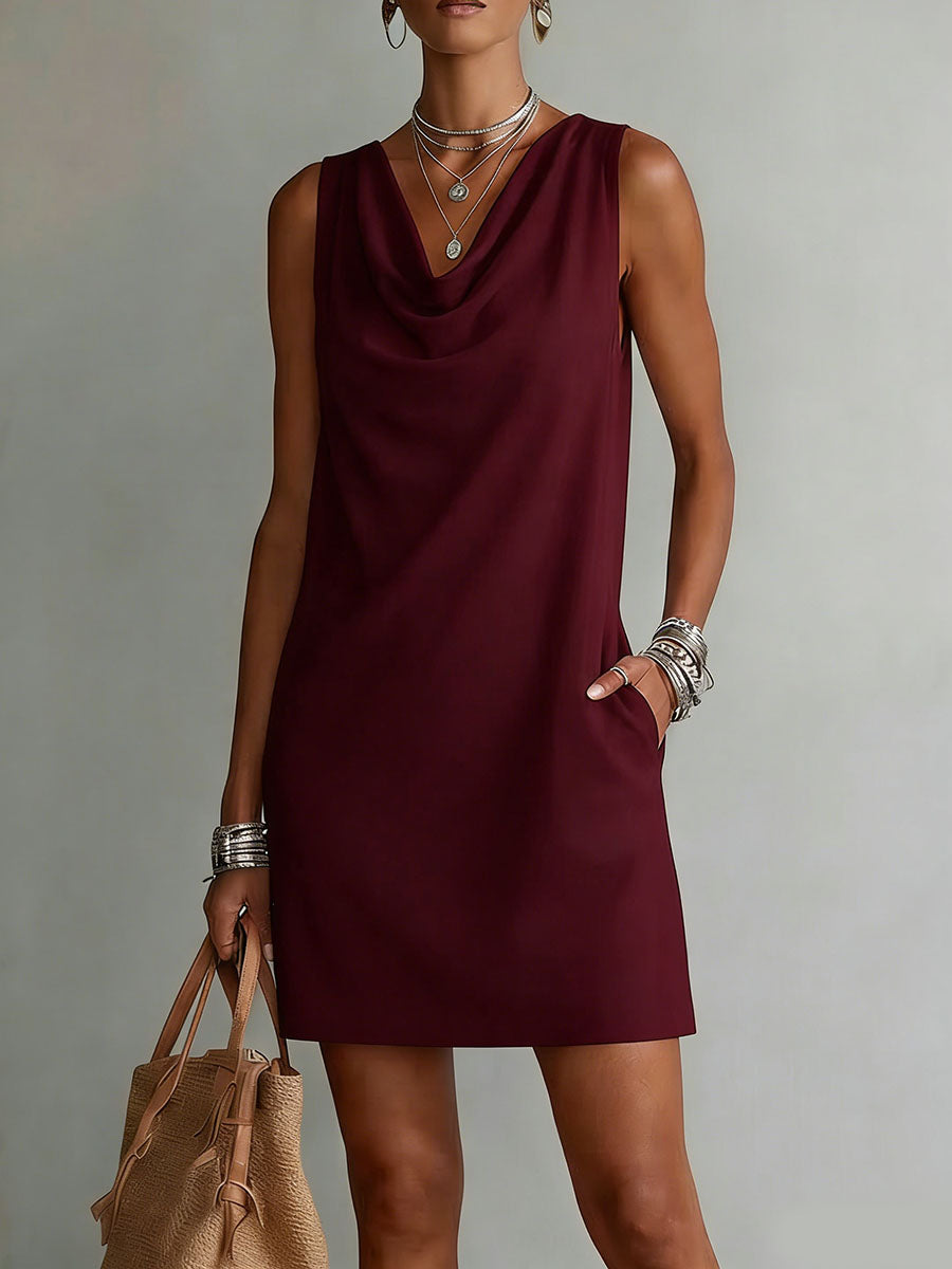 Dress Sleeveless Draped-Neck Elegant Soft Cotton Blend