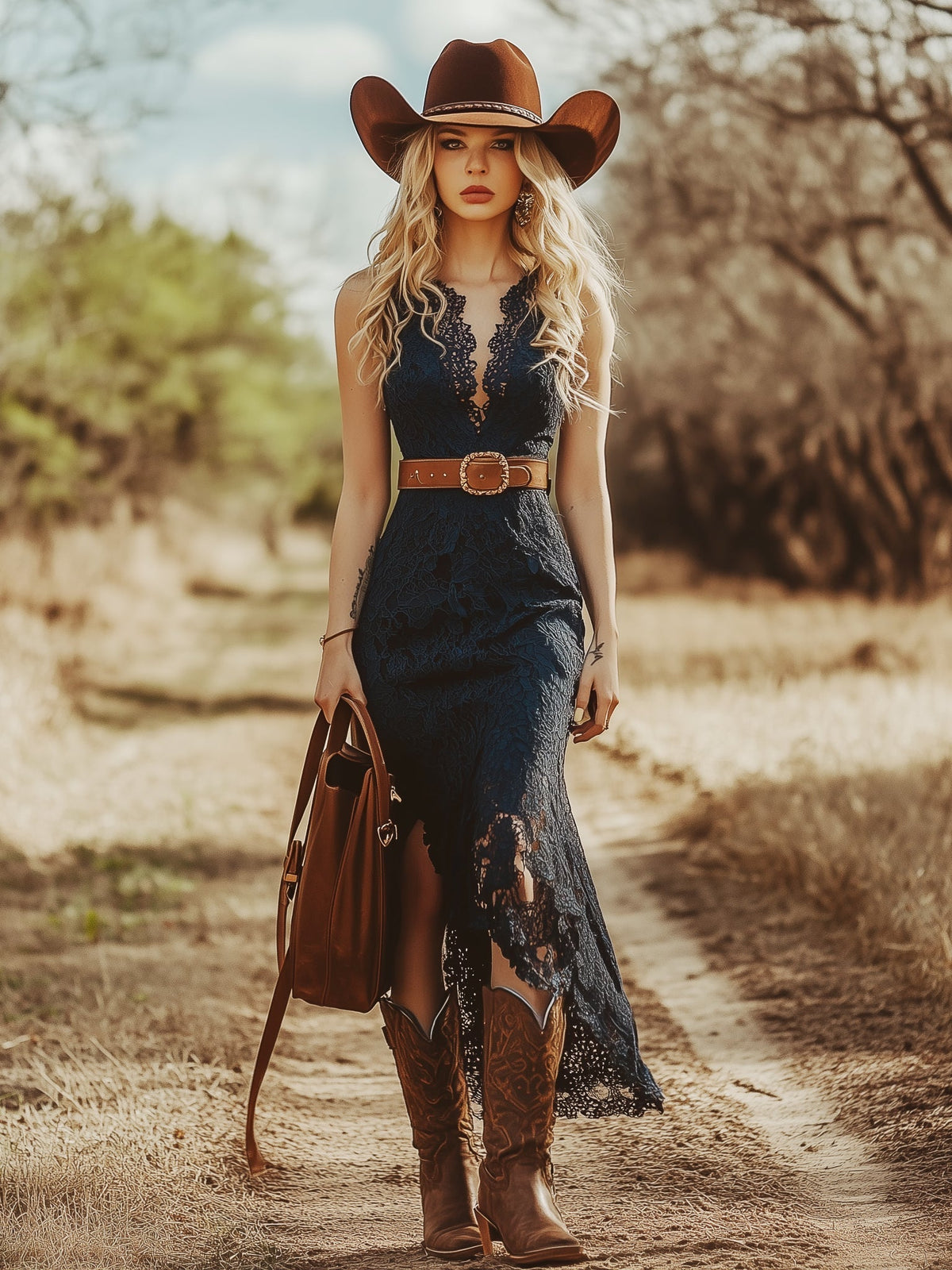 Women's Lace Midi Dress Deep V-Neck Asymmetric Hem