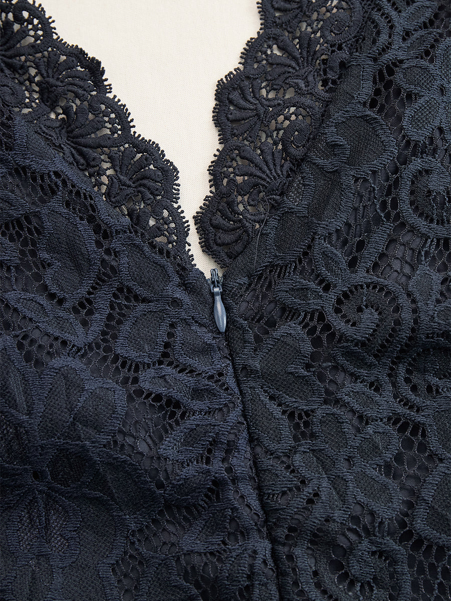 Women's Lace Midi Dress Deep V-Neck Asymmetric Hem