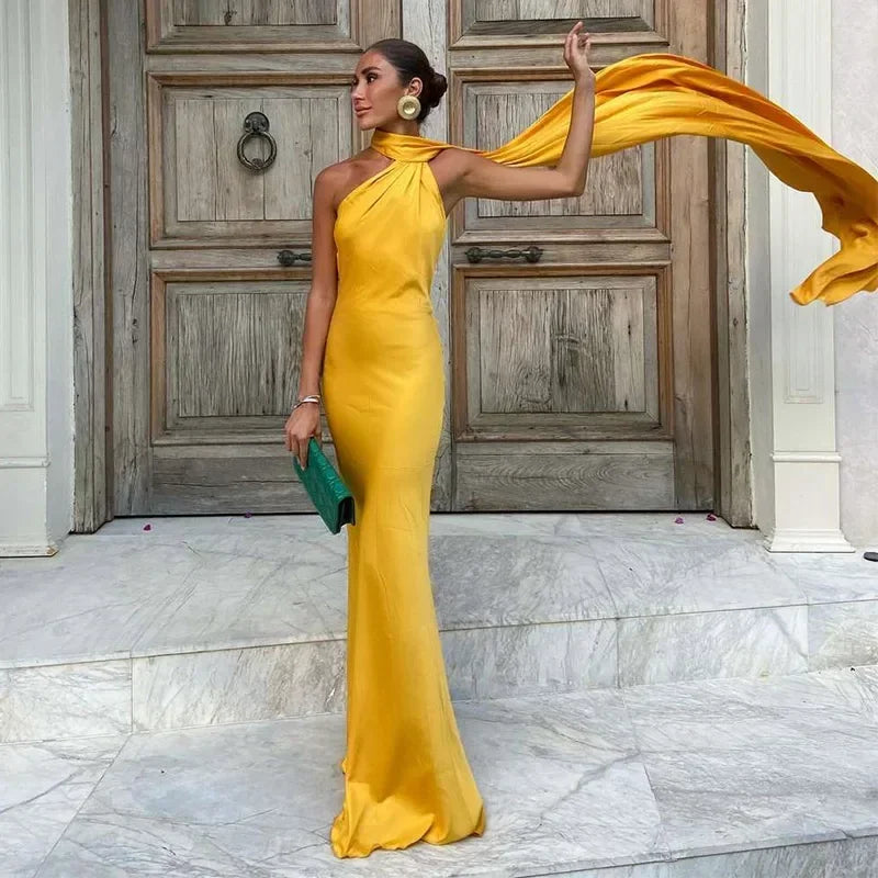 Women's Draped Maxi Dress Elegant One-Shoulder