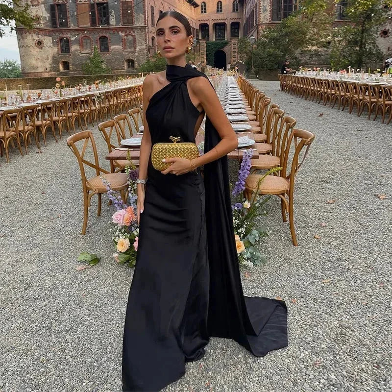 Women's Draped Maxi Dress Elegant One-Shoulder