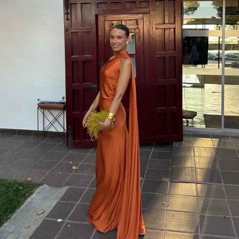 Women's Draped Maxi Dress Elegant One-Shoulder