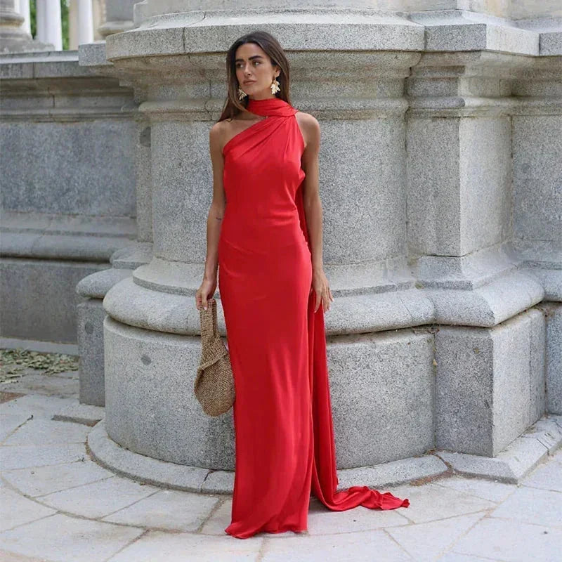 Women's Draped Maxi Dress Elegant One-Shoulder