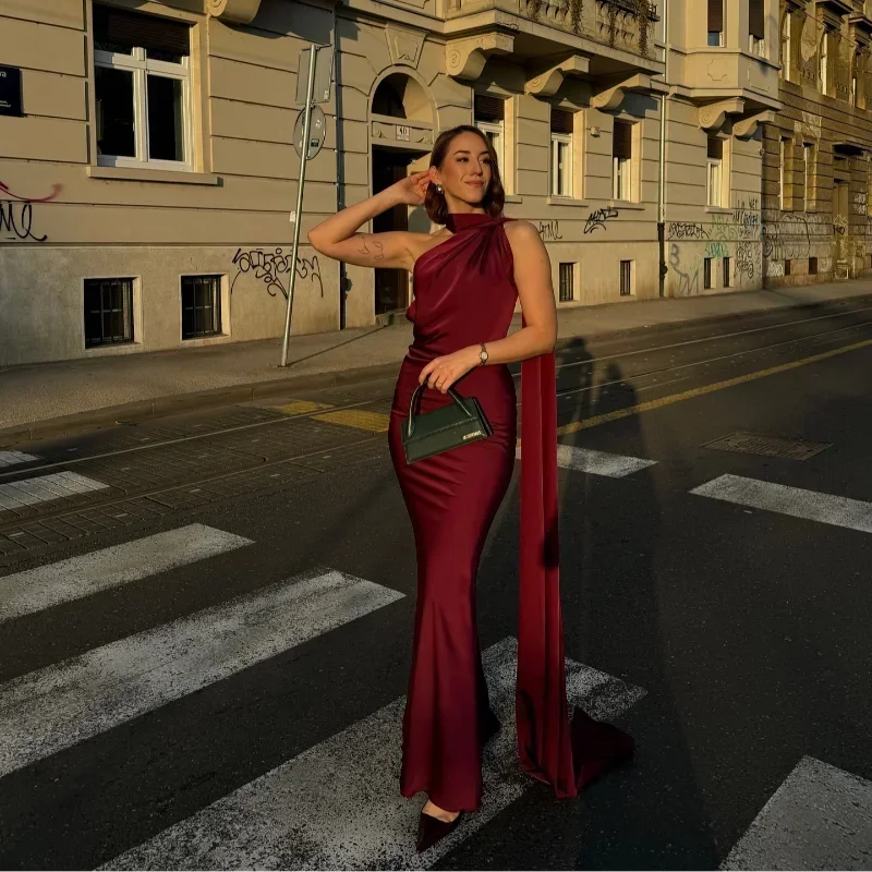 Women's Draped Maxi Dress Elegant One-Shoulder