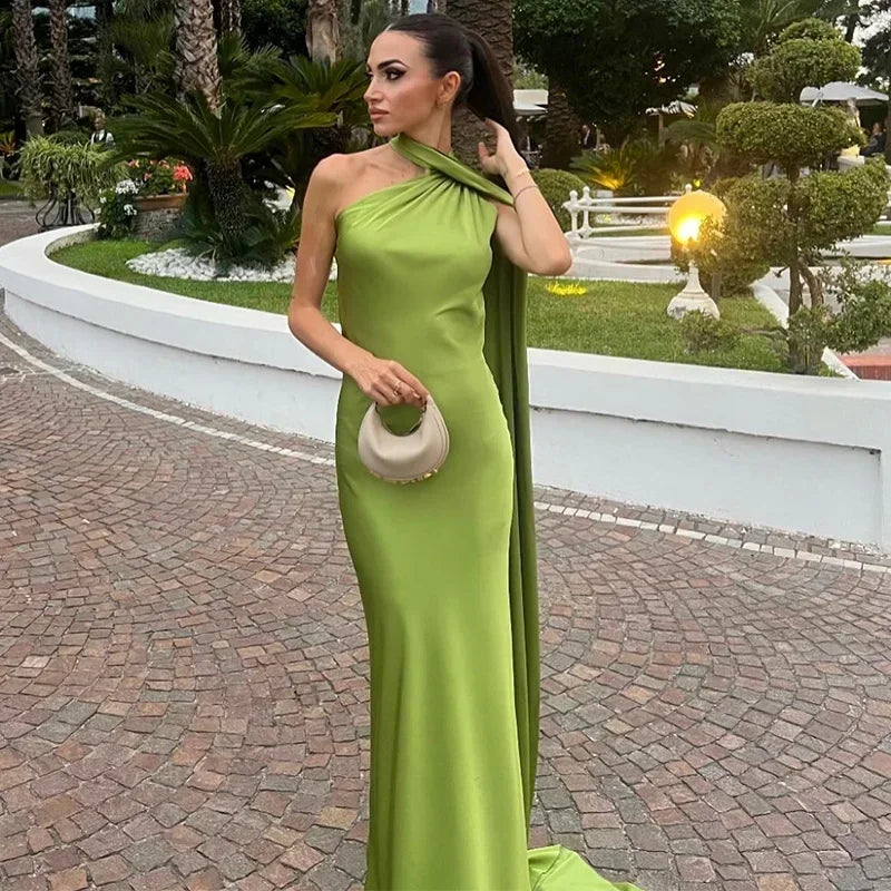 Women's Draped Maxi Dress Elegant One-Shoulder
