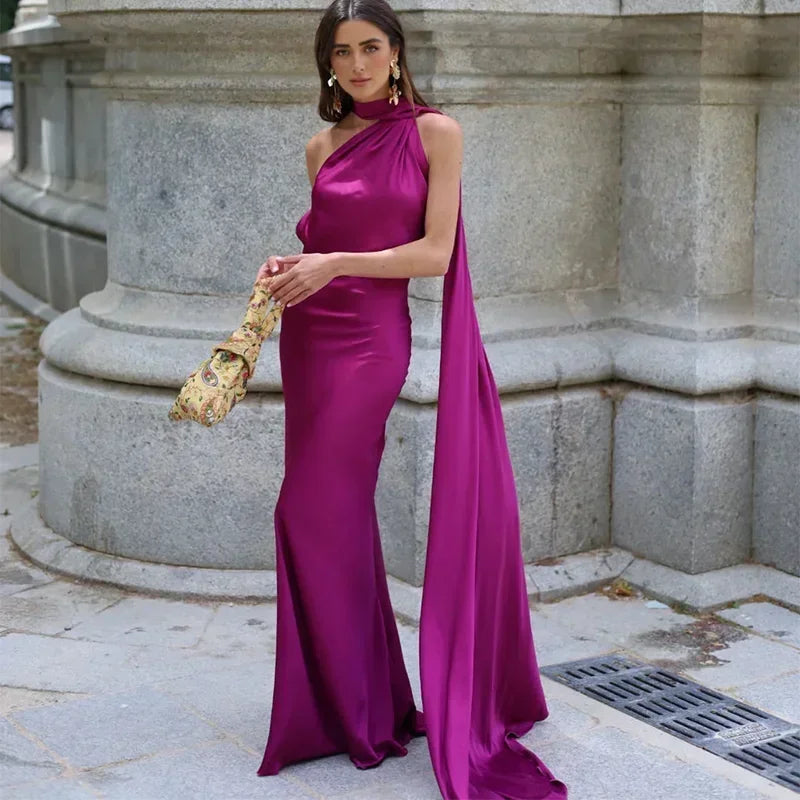 Women's Draped Maxi Dress Elegant One-Shoulder