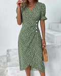 Floral Midi Dress for Women V-Neck Ruffled Sleeves