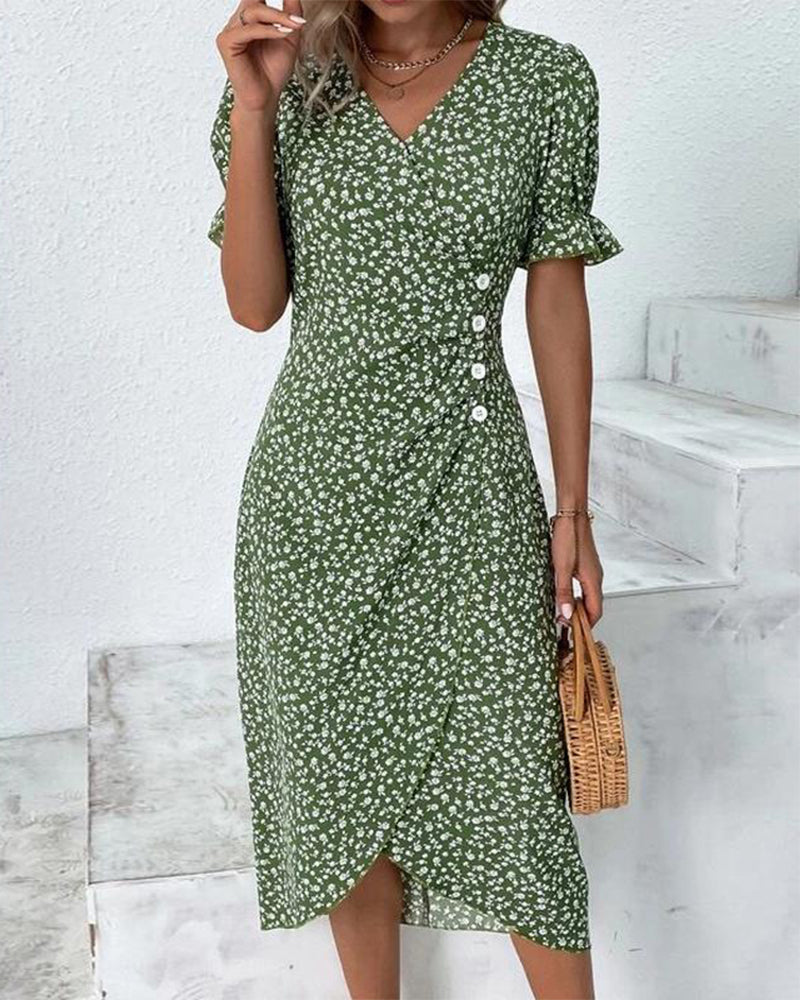 Floral Midi Dress for Women V-Neck Ruffled Sleeves