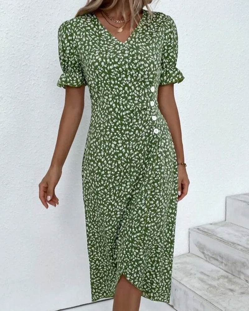 Floral Midi Dress for Women V-Neck Ruffled Sleeves