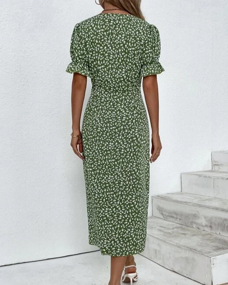 Floral Midi Dress for Women V-Neck Ruffled Sleeves