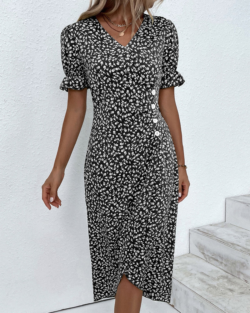 Floral Midi Dress for Women V-Neck Ruffled Sleeves