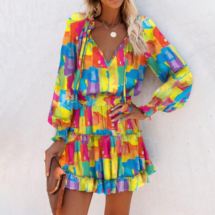 Women's Floral Mini Dress V-Neck Smocked Waist