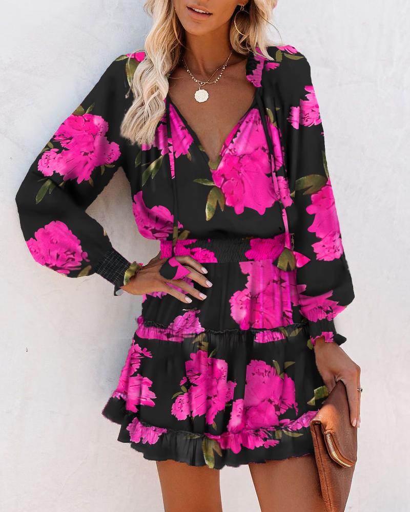 Women's Floral Mini Dress V-Neck Smocked Waist