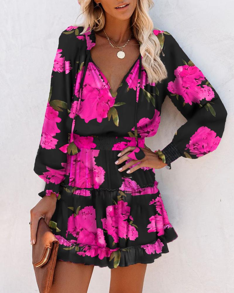 Women's Floral Mini Dress V-Neck Smocked Waist